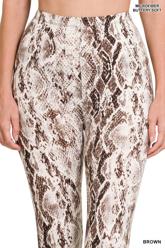 Brown & White Microfiber Snakeskin Leggings