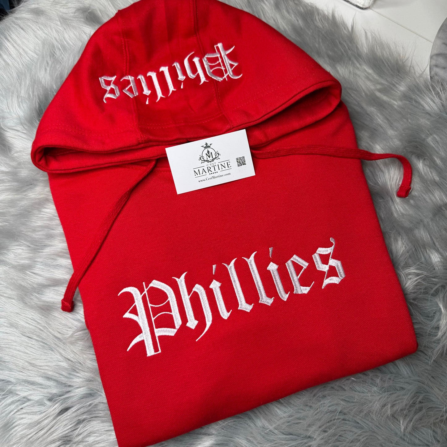Phillies Baseball Embroidered Chest and Hood Red October Season Philadelphia Philly Fan Embroidered Hoodie