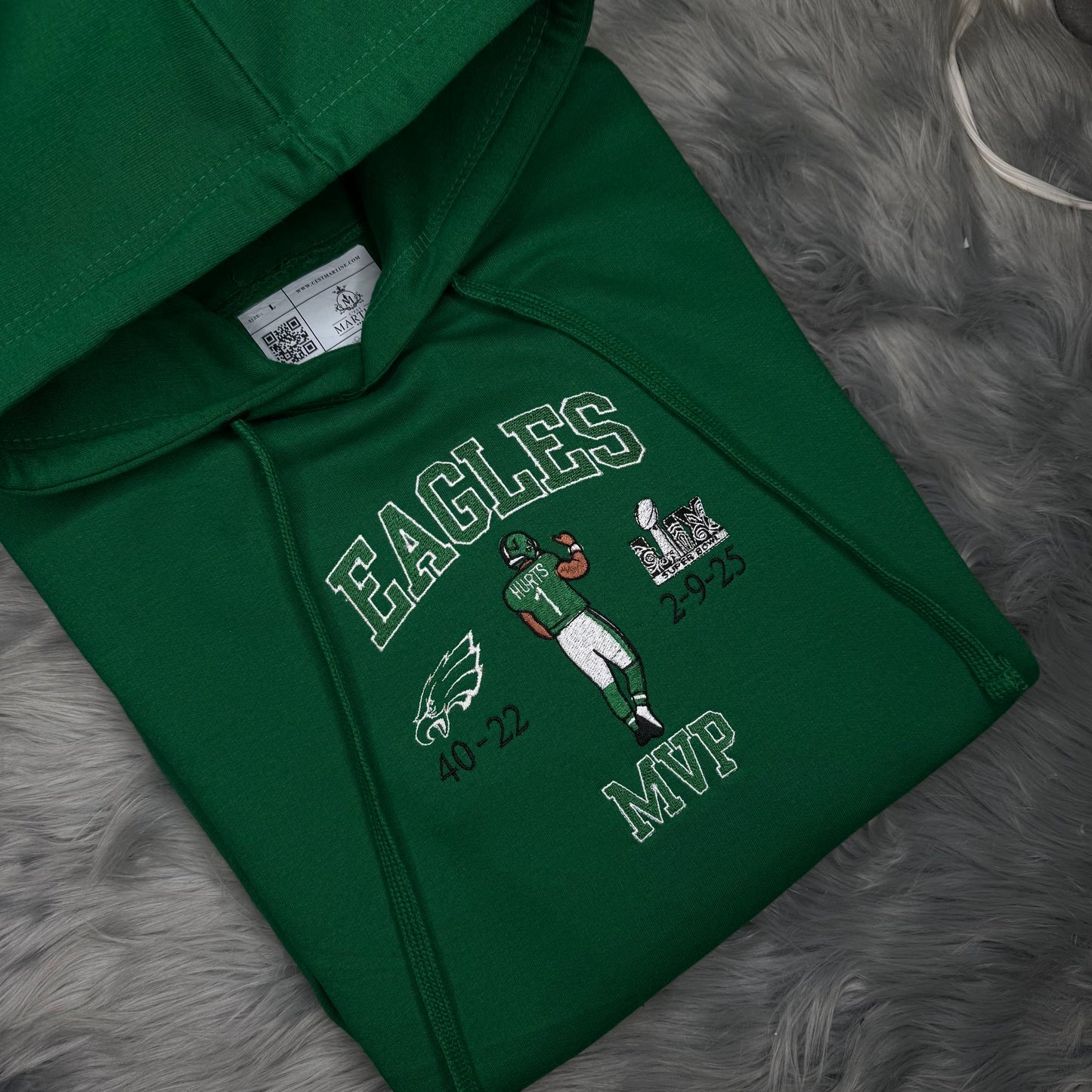 MVP Jalen Hurts Football Season Kelly Green Philadelphia Eagles Embroidered Hood and Chest Hoodie