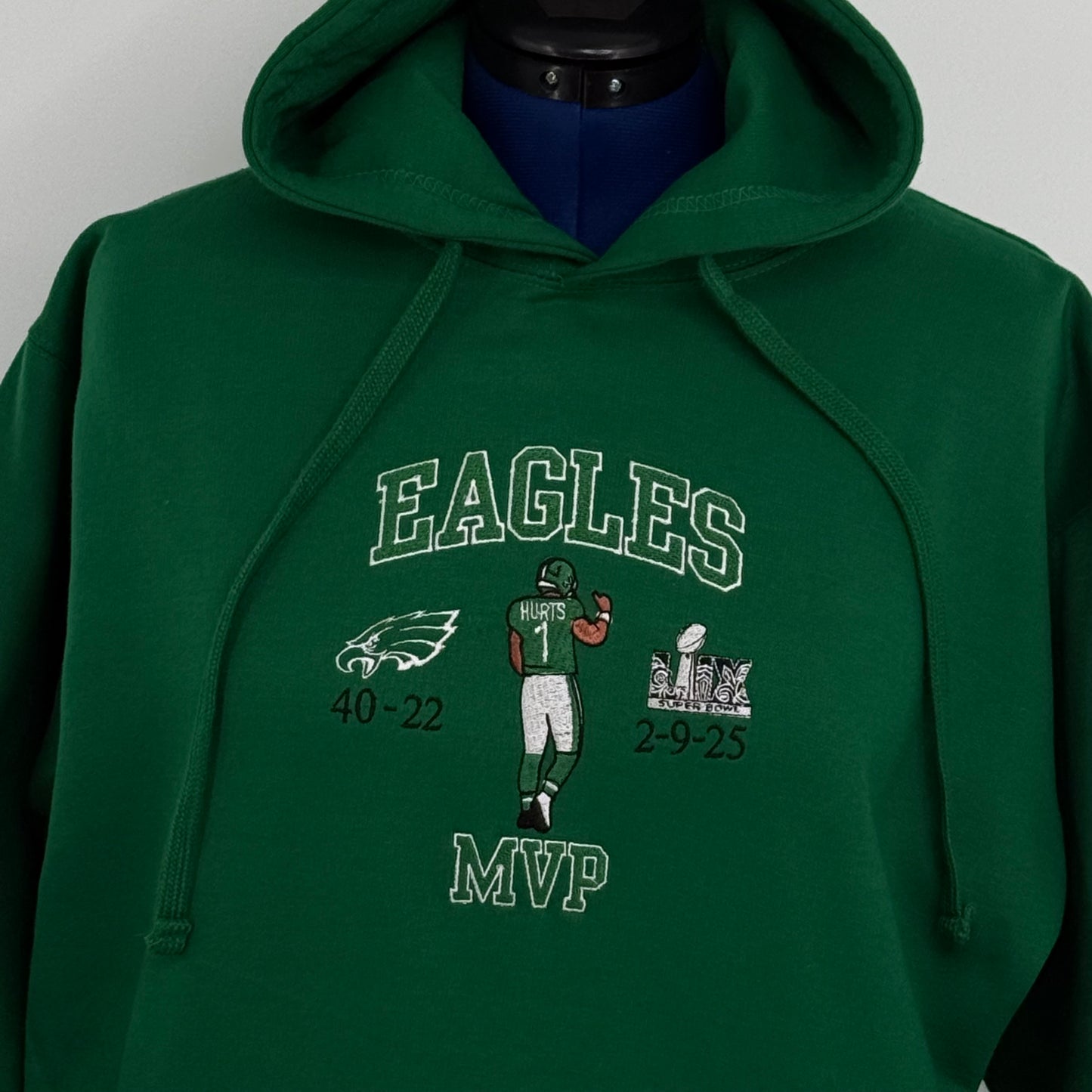 MVP Jalen Hurts Football Season Kelly Green Philadelphia Eagles Embroidered Hood and Chest Hoodie