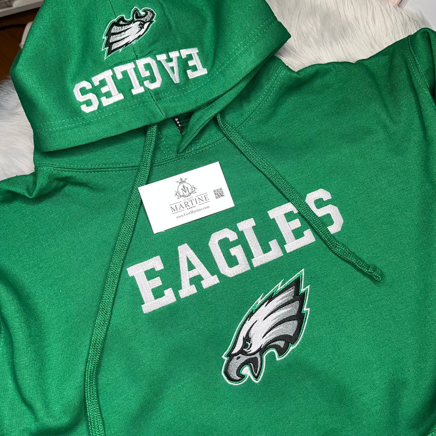 Football Season KellyGreen Philadelphia Eagles Embroidered Hood and Chest Hoodie