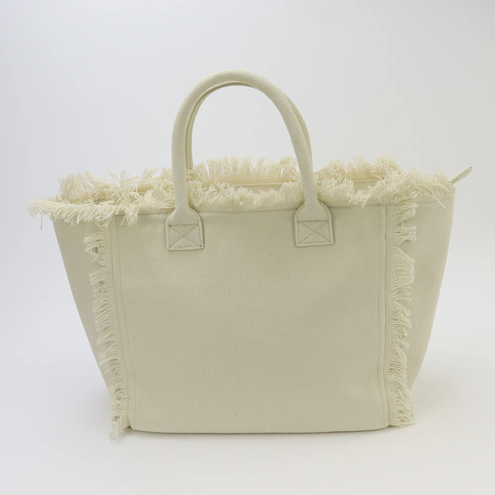 Canvas Fringe Tote Bag, Beige