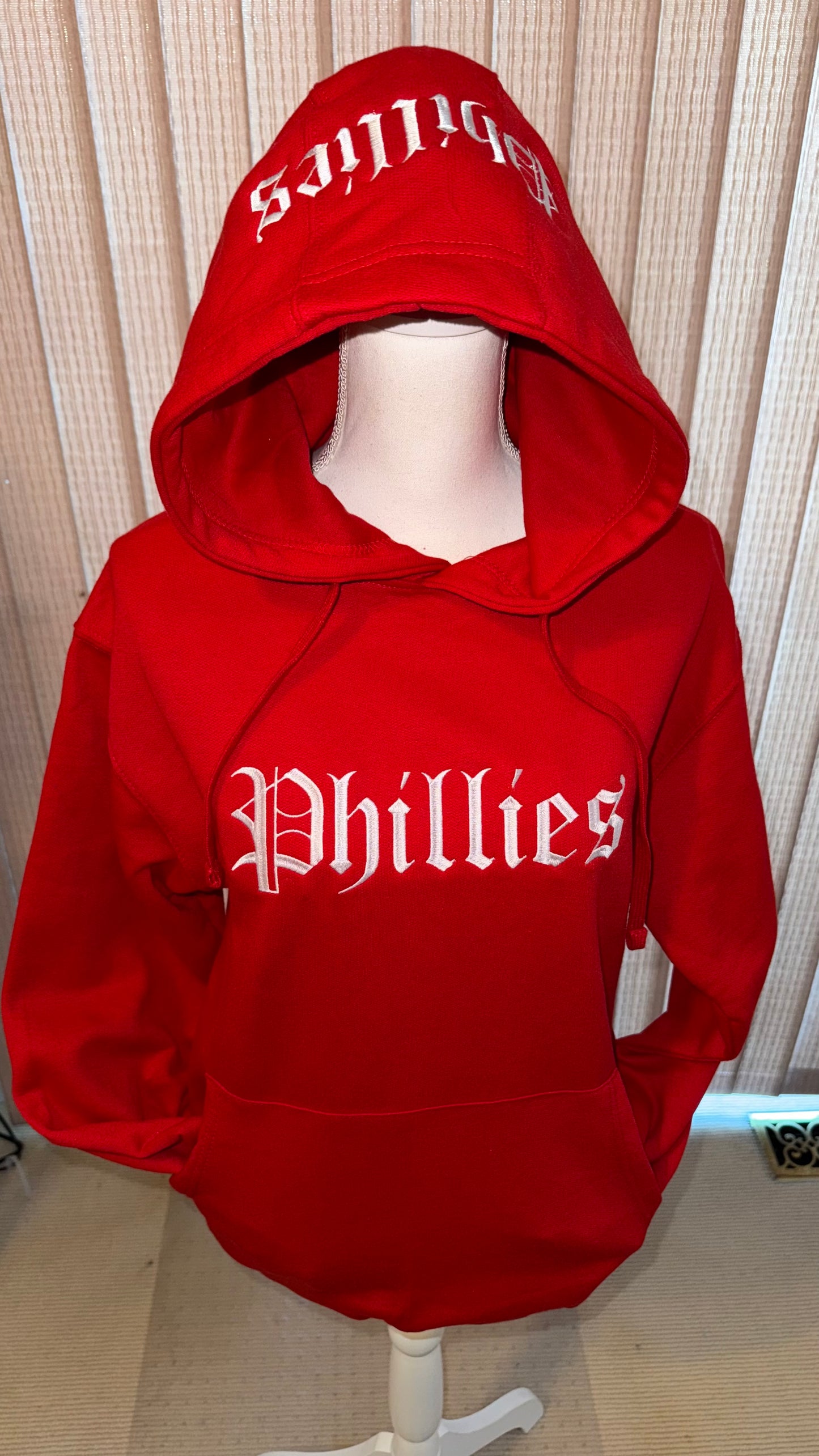 Phillies Baseball Embroidered Chest and Hood Red October Season Philadelphia Philly Fan Embroidered Hoodie