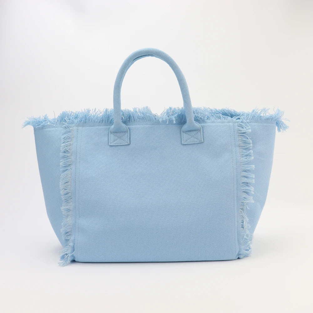 Canvas Fringe Tote Bag, Baby Blue