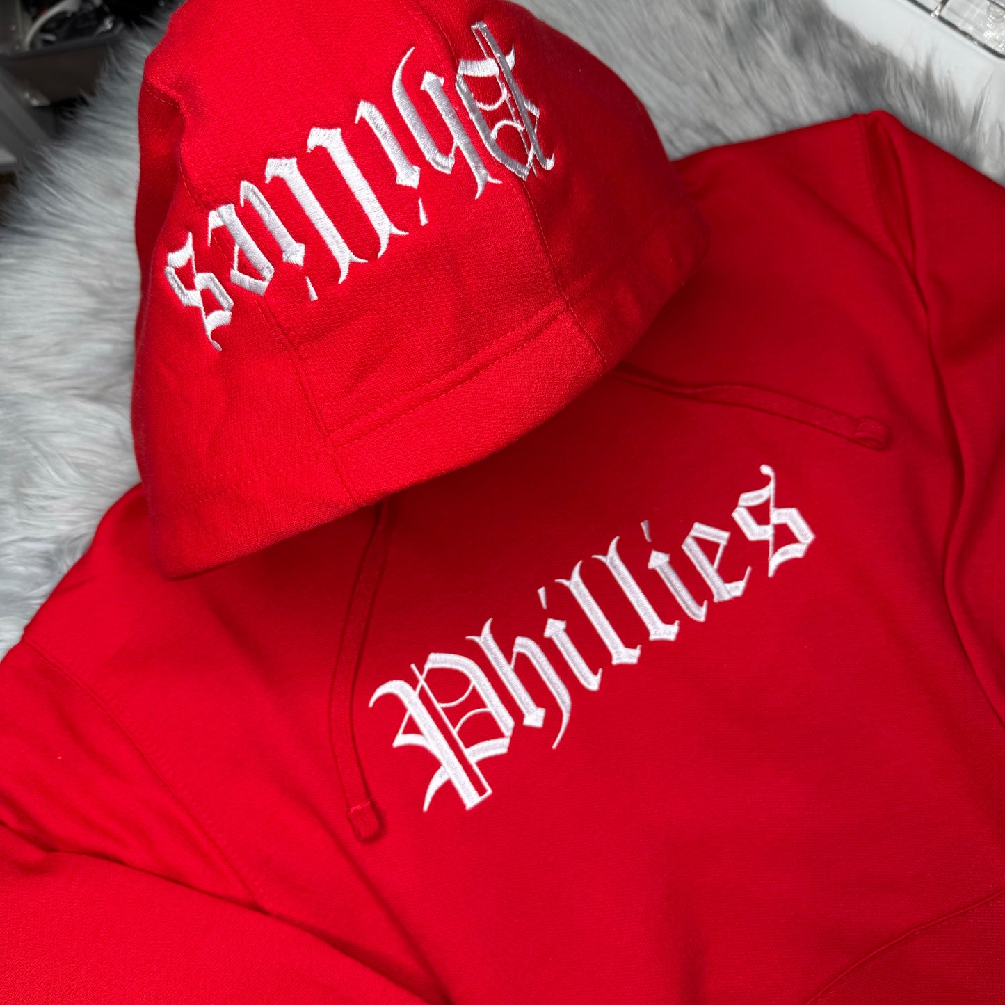 Phillies Baseball Embroidered Chest and Hood Red October Season Philadelphia Philly Fan Embroidered Hoodie