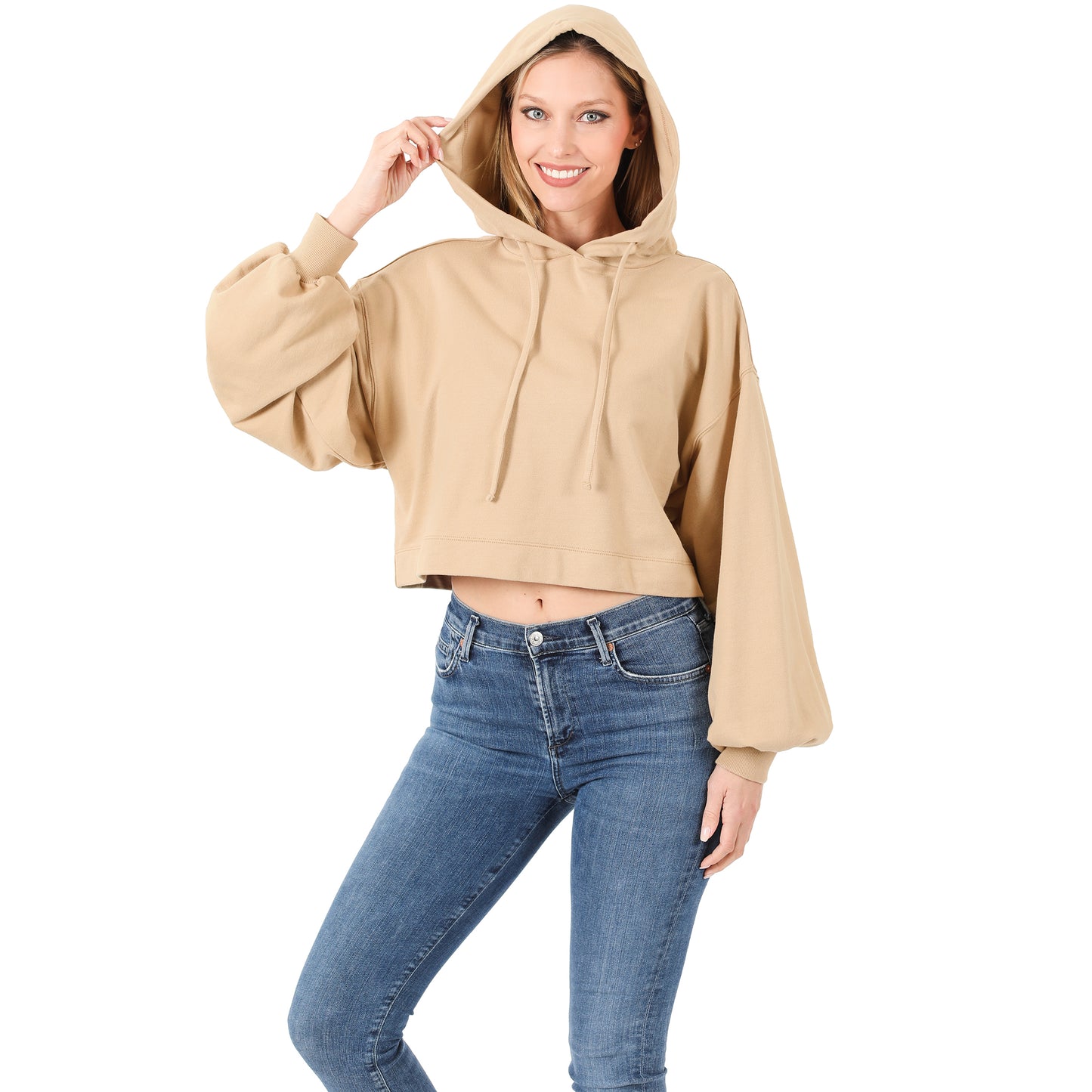 Crop Top Hoodie, Elegant, Loungewear, Long Puffy Sleeve, Hoodie Tan