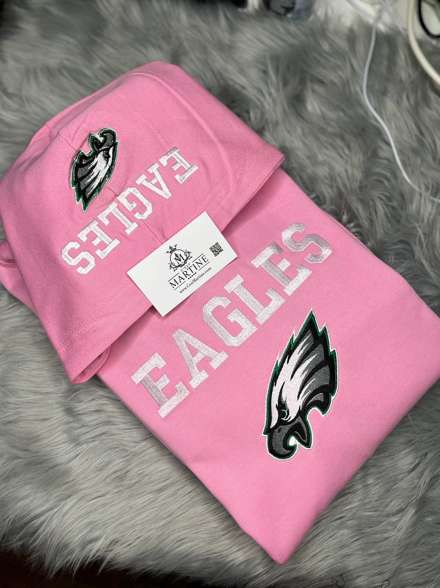 Football Season Pink Philadelphia Eagles Embroidered Hood and Chest Hoodie