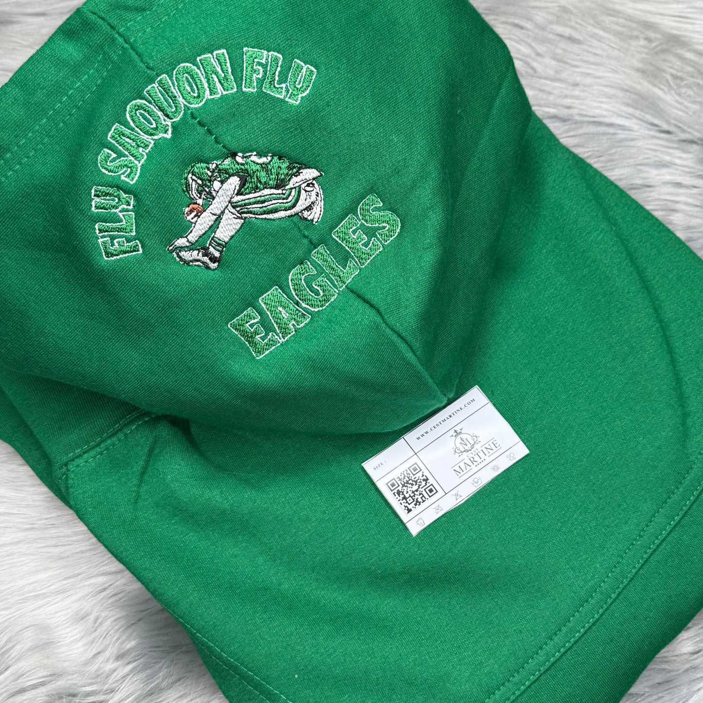 Fly Saquon Fly Football Season Kelly Green Philadelphia Eagles Embroidered Hood and Chest Hoodie