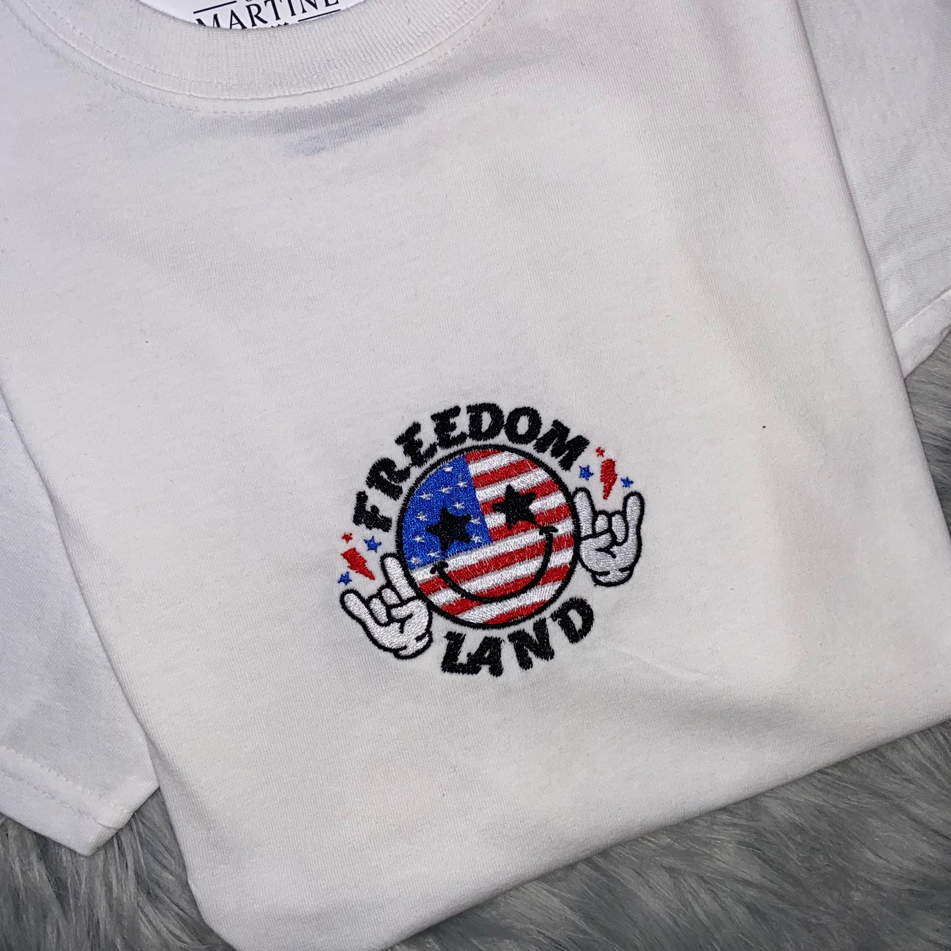 4th of July, Smiley Face, All American, Freedom, Land of the Free, America Embroidered, Custom T-Shirt, Church Going
