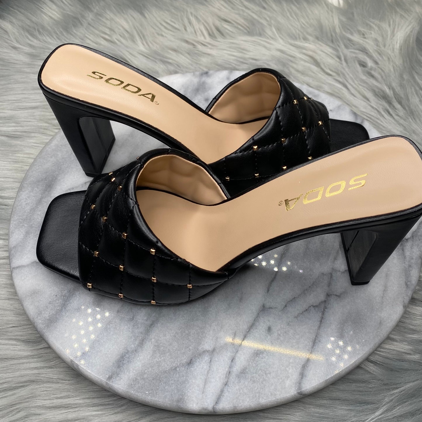 High Heel Sandals with Square Toe Black with Gold Stud Balls