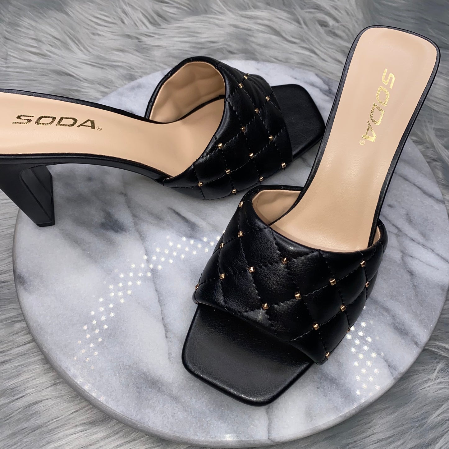 High Heel Sandals with Square Toe Black with Gold Stud Balls
