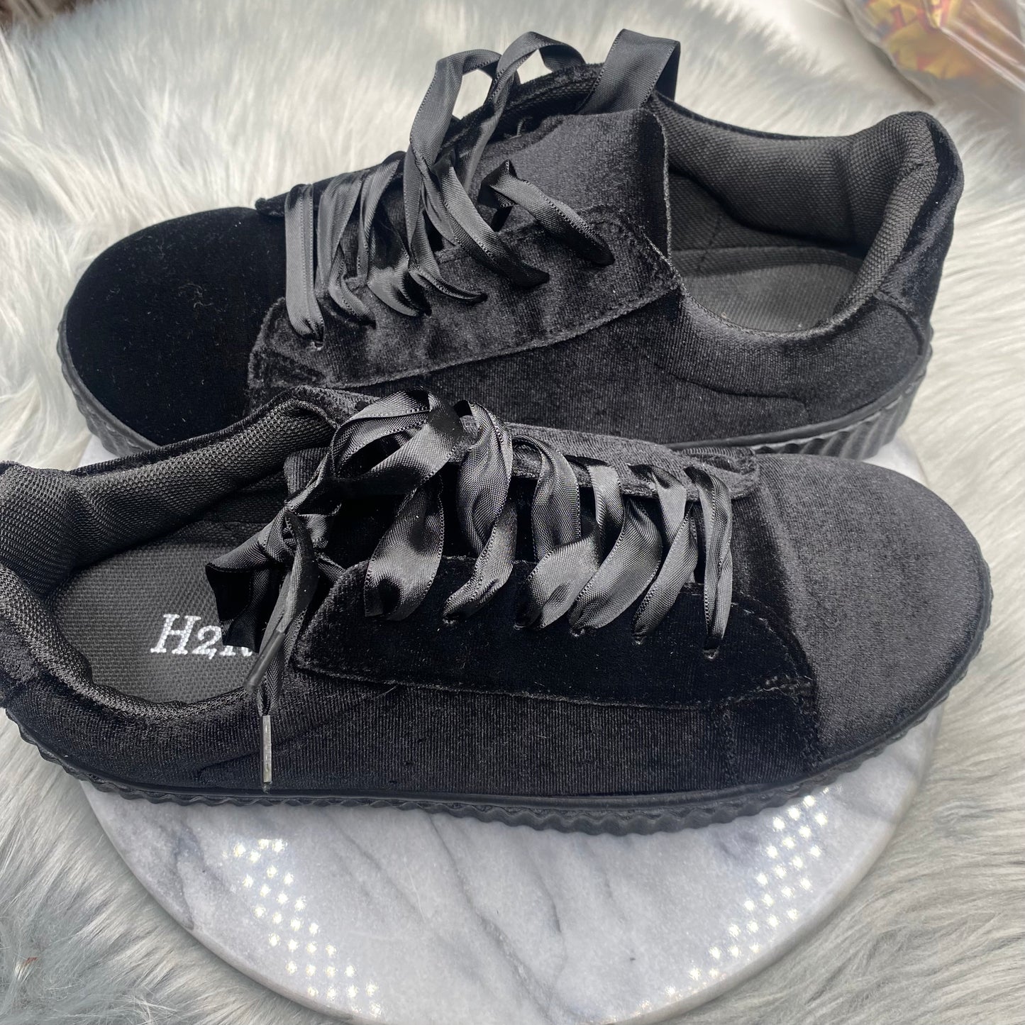 Black Velvet Sneaker with Satin Ribbon Lace