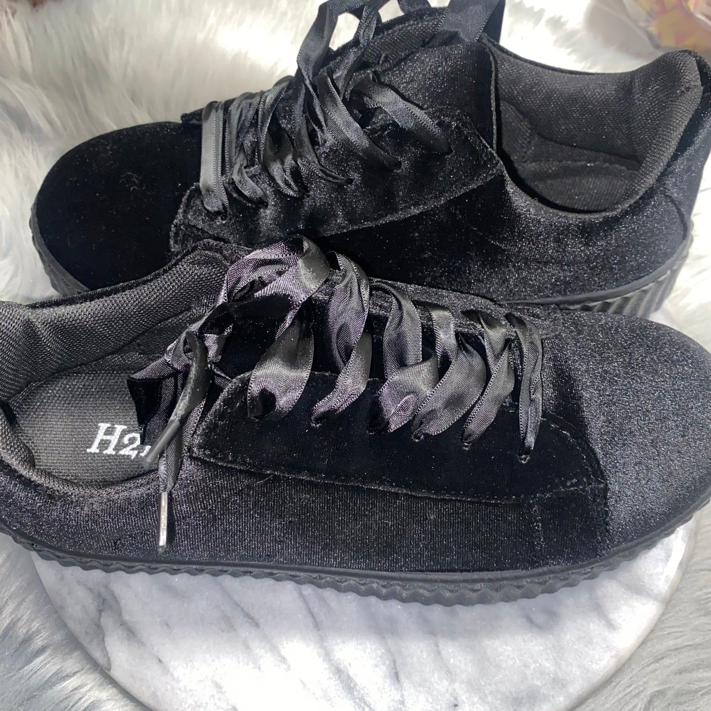Black Velvet Sneaker with Satin Ribbon Lace