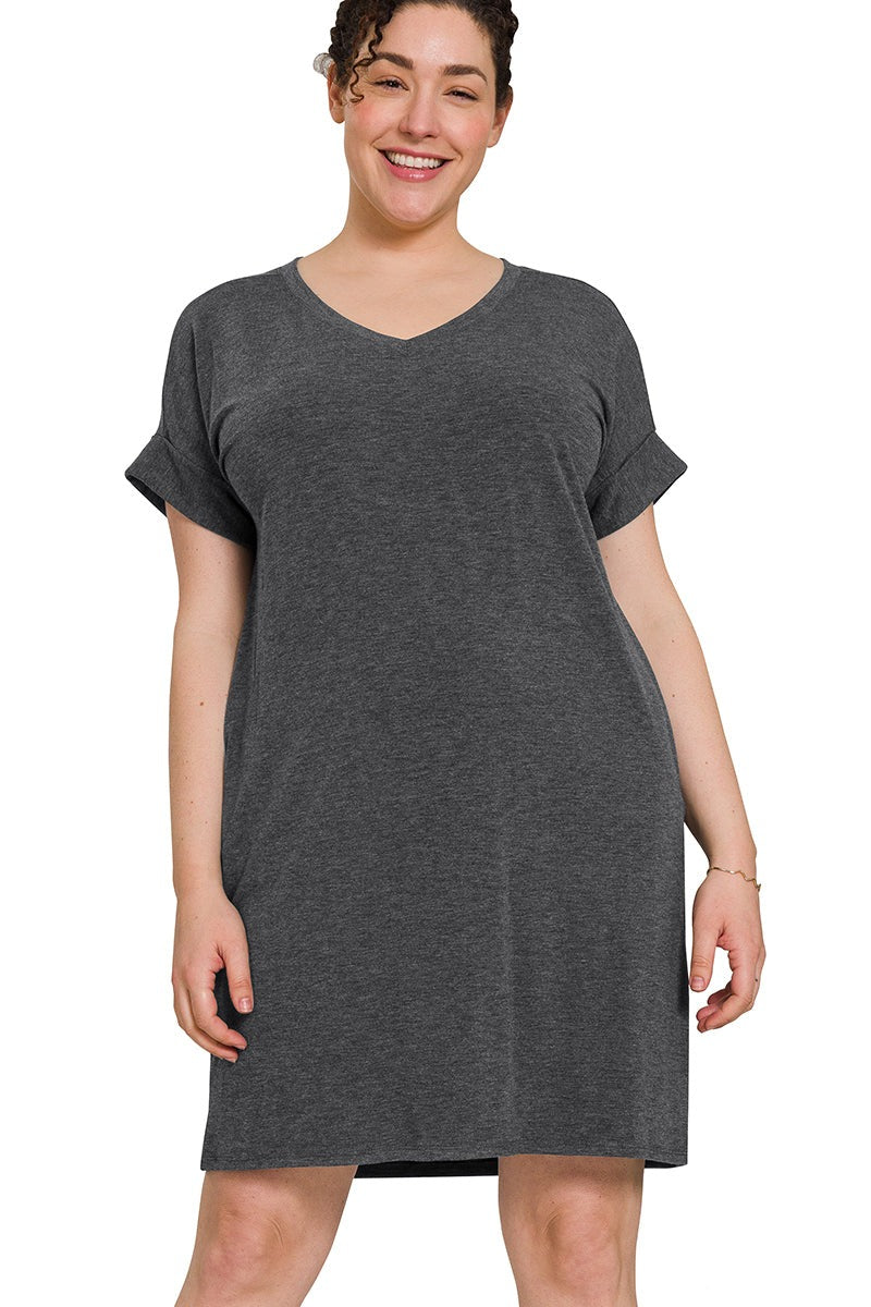 Short Sleeve Dress with Pockets Plus Size Charcoal