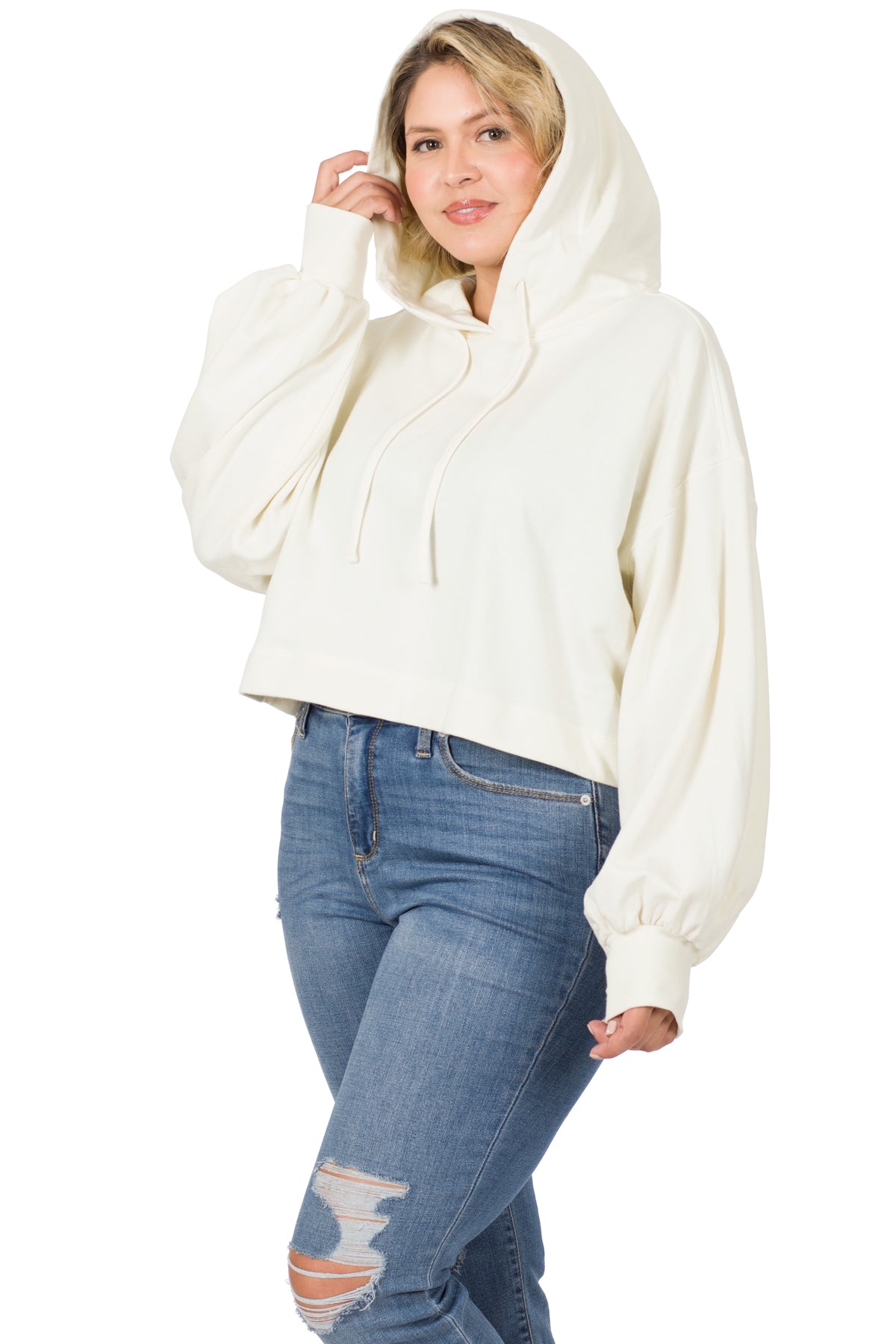 Plus Size Hoodie, Cream Cropped Top
