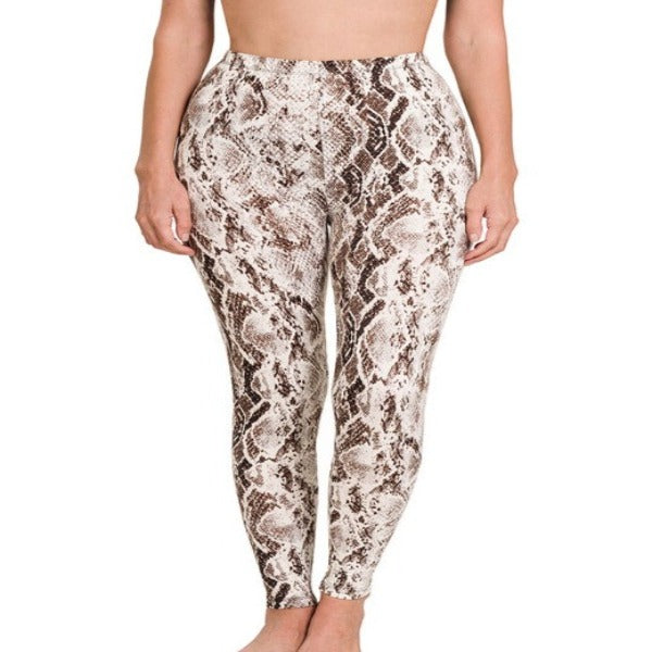 Brown & White Microfiber Snakeskin Leggings