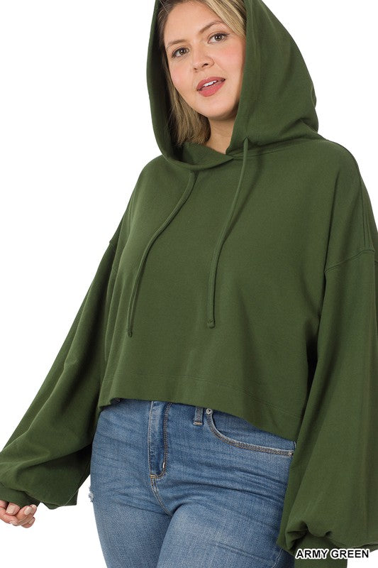 Plus Size Olive Green Cropped Hoodie Top