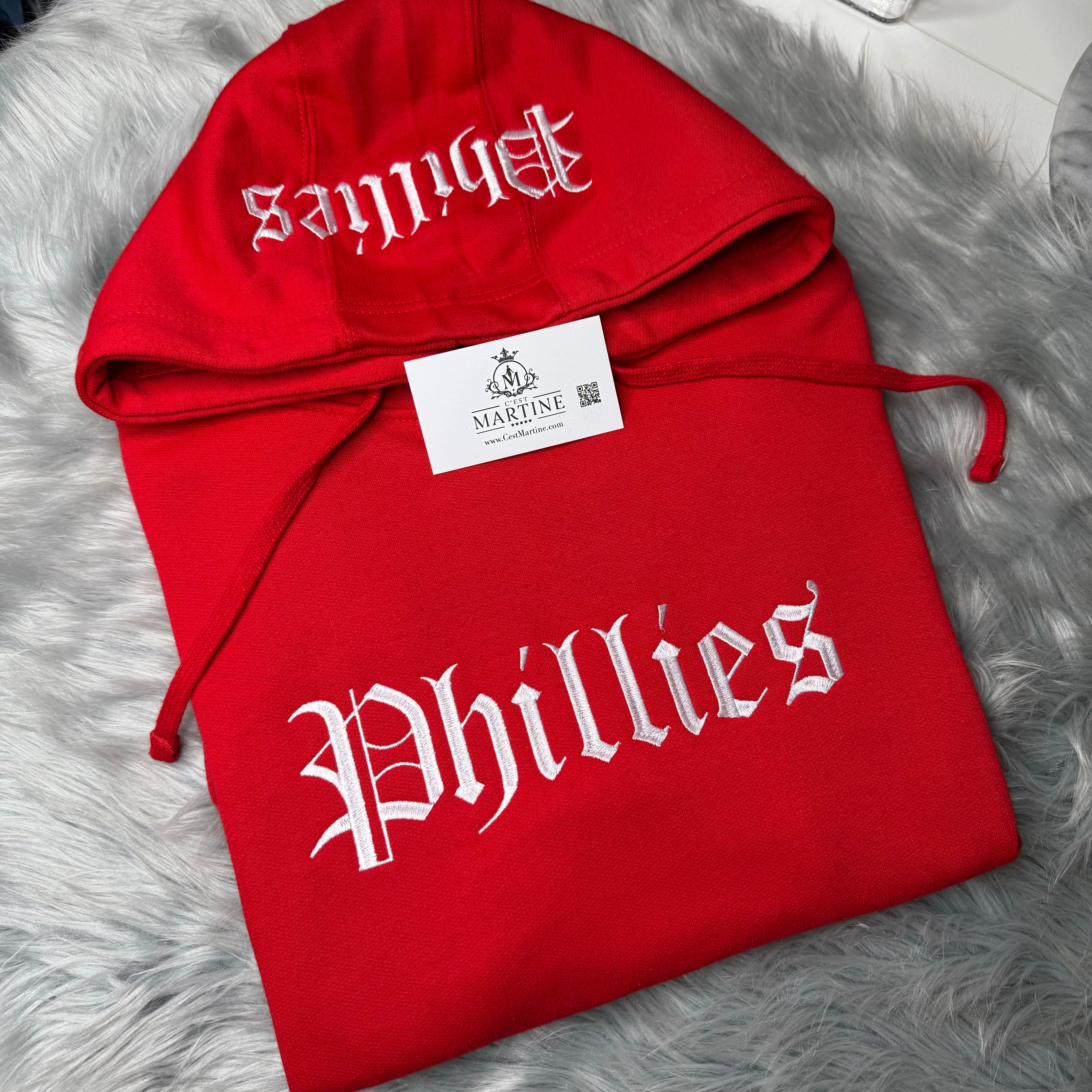 Phillies Baseball Embroidered Chest and Hood  Red October Season Philadelphia Philly Fan Embroidered Hoodie