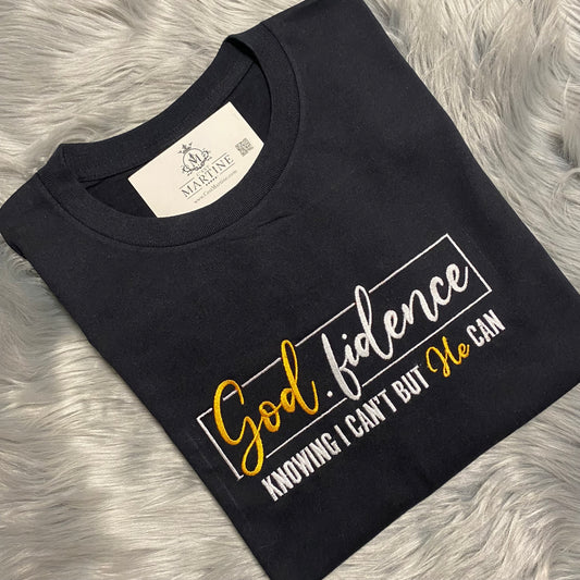 God.Fidence, Religious, Christian, Embroidered, Custom T-Shirt, Church Going