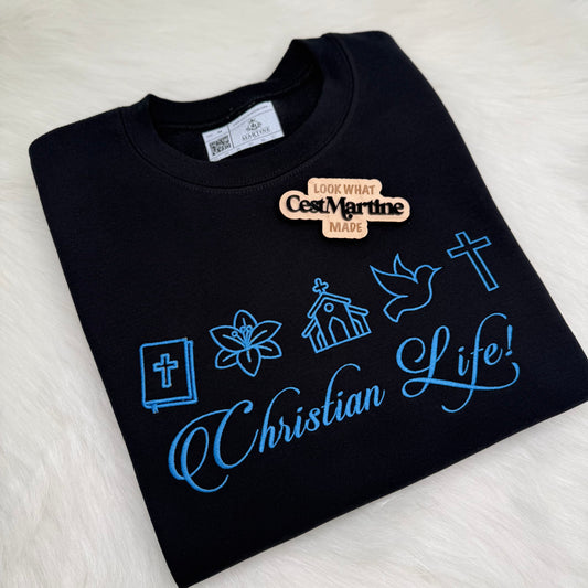 Christian Life Sweatshirt – Faith-Inspired Crewneck with Bible, Cross, Dove, Church & Floral Design