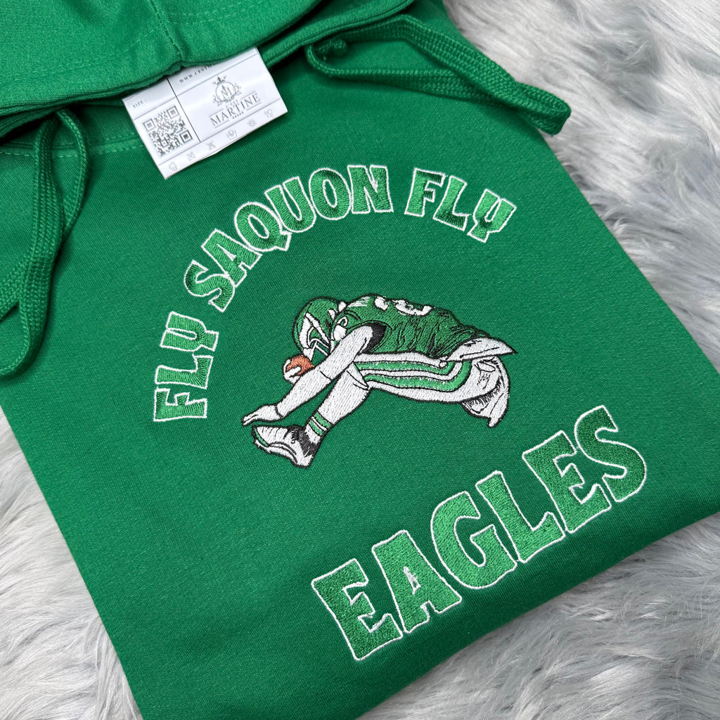 Fly Saquon Fly Football Season  Kelly Green Philadelphia Eagles Embroidered Hood and Chest Hoodie
