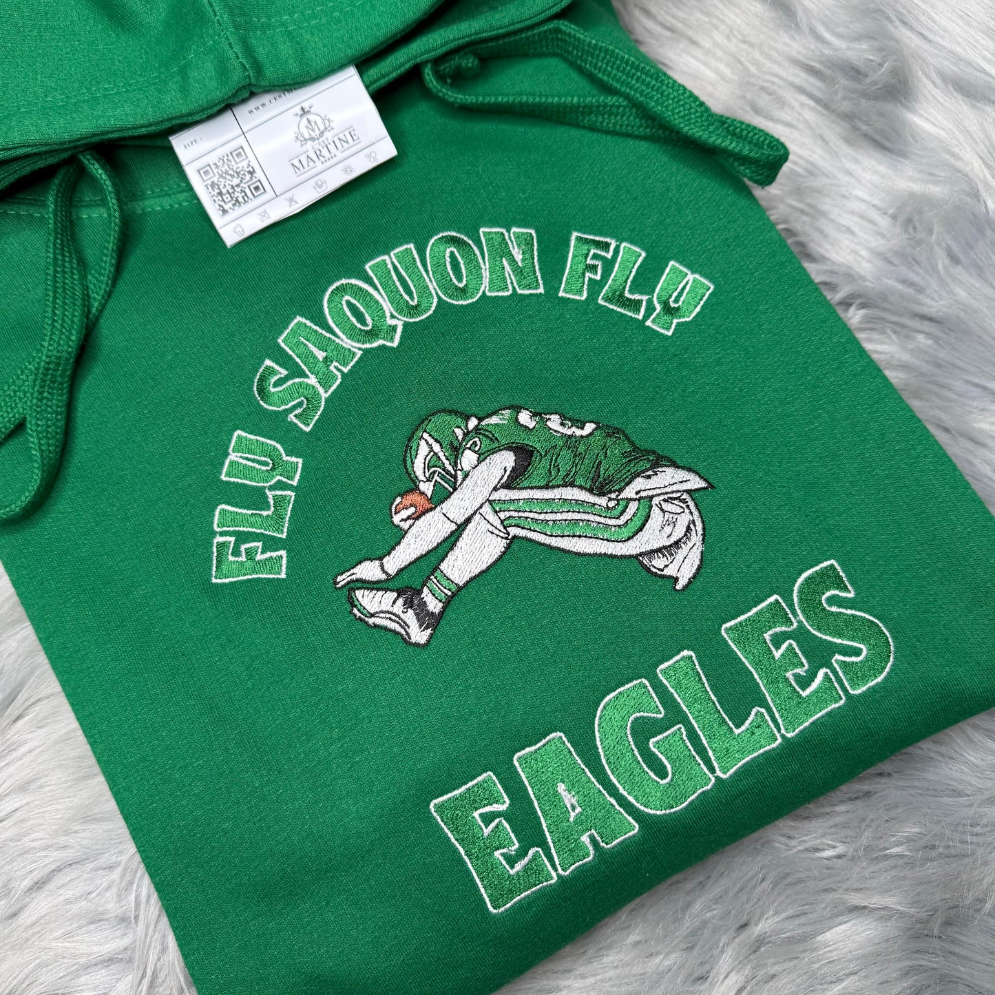 Fly Saquon Fly Football Season  Kelly Green Philadelphia Eagles Embroidered Hood and Chest Hoodie