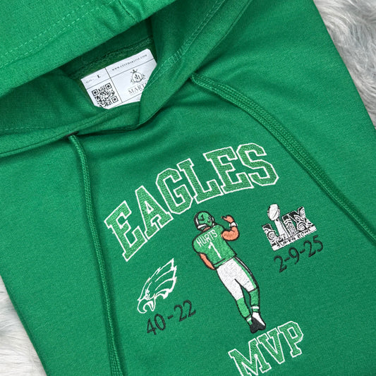 MVP Jalen Hurts Football Season  Kelly Green Philadelphia Eagles Embroidered Hood and Chest Hoodie