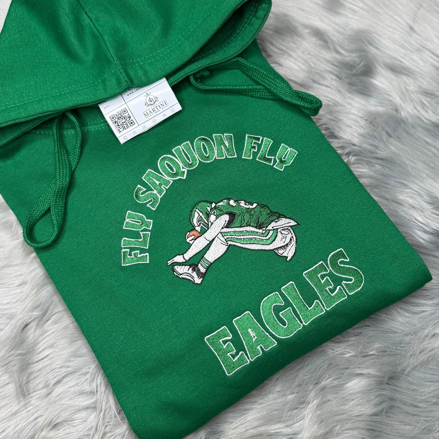 Fly Saquon Fly Football Season  Kelly Green Philadelphia Eagles Embroidered Hood and Chest Hoodie