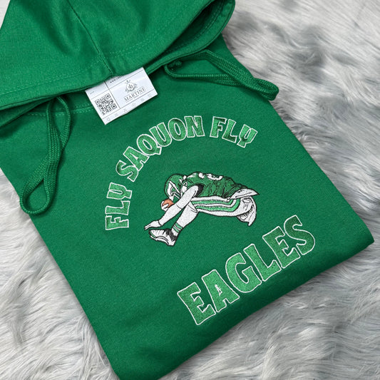 Fly Saquon Fly Football Season  Kelly Green Philadelphia Eagles Embroidered Hood and Chest Hoodie