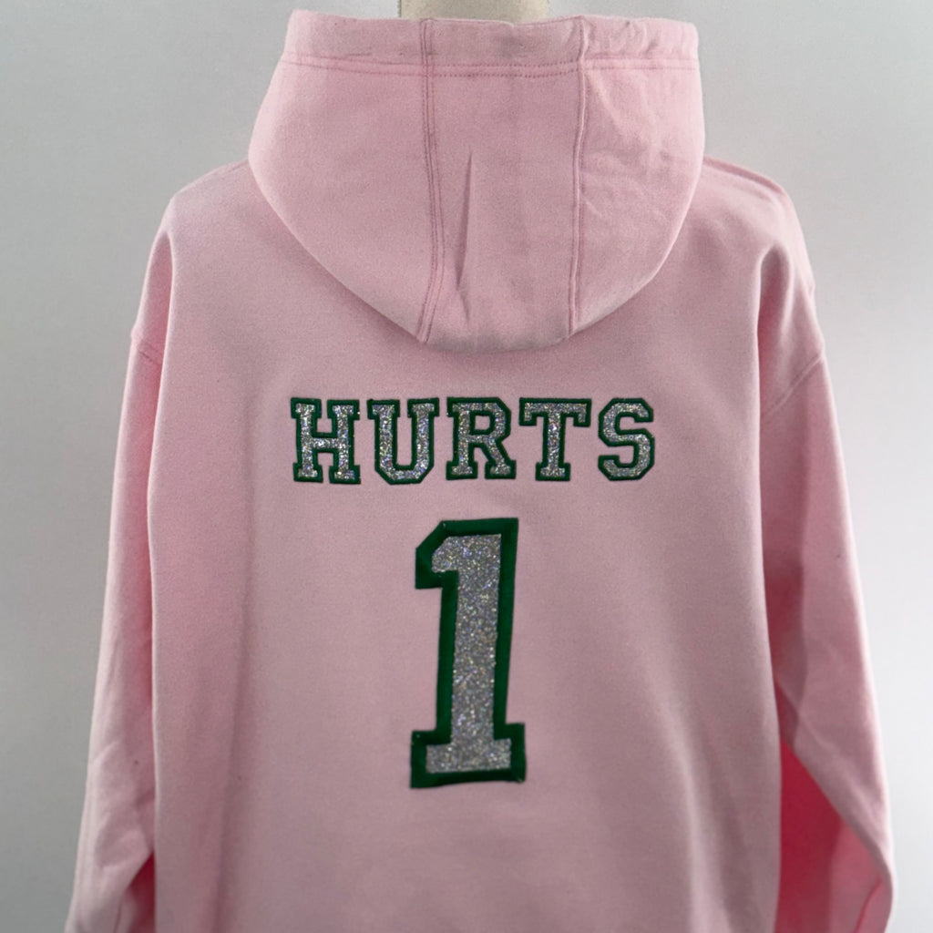 Hurts Bling Pink Football Season  Kelly Green Philadelphia Eagles Embroidered Hood and Chest Hoodie