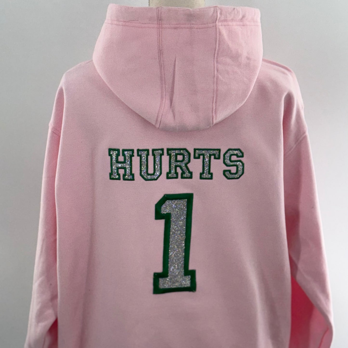 Hurts Bling Pink Football Season  Kelly Green Philadelphia Eagles Embroidered Hood and Chest Hoodie