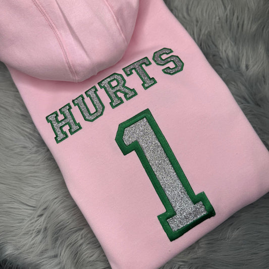 Hurts Bling Pink Football Season  Kelly Green Philadelphia Eagles Embroidered Hood and Chest Hoodie