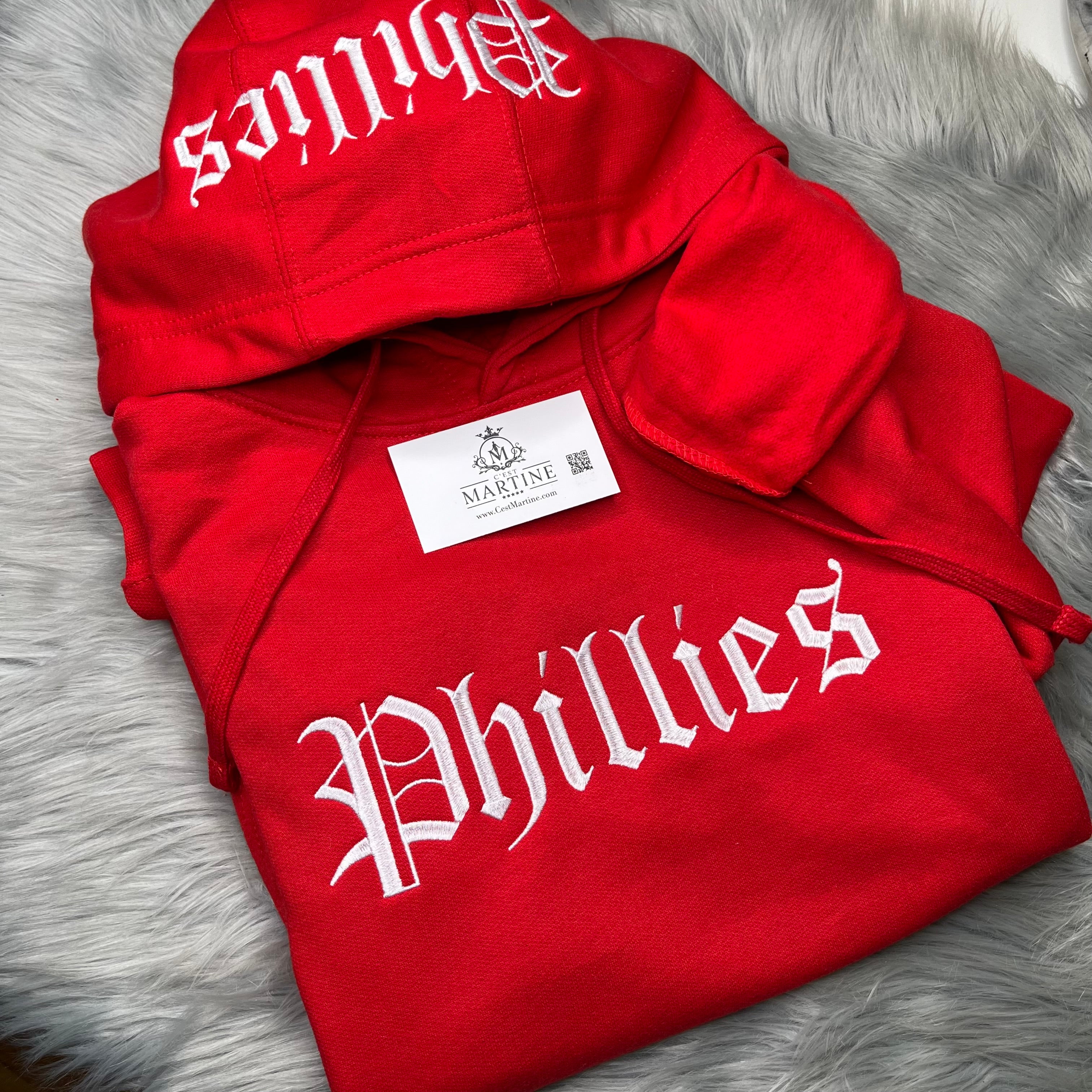 Phillies Baseball Embroidered Chest and Hood  Red October Season Philadelphia Philly Fan Embroidered Hoodie