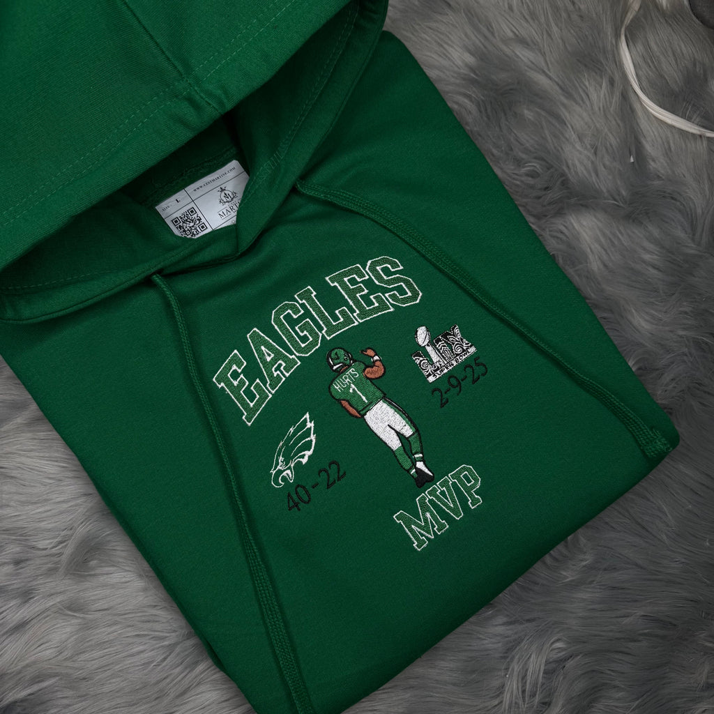 MVP Jalen Hurts Football Season  Kelly Green Philadelphia Eagles Embroidered Hood and Chest Hoodie
