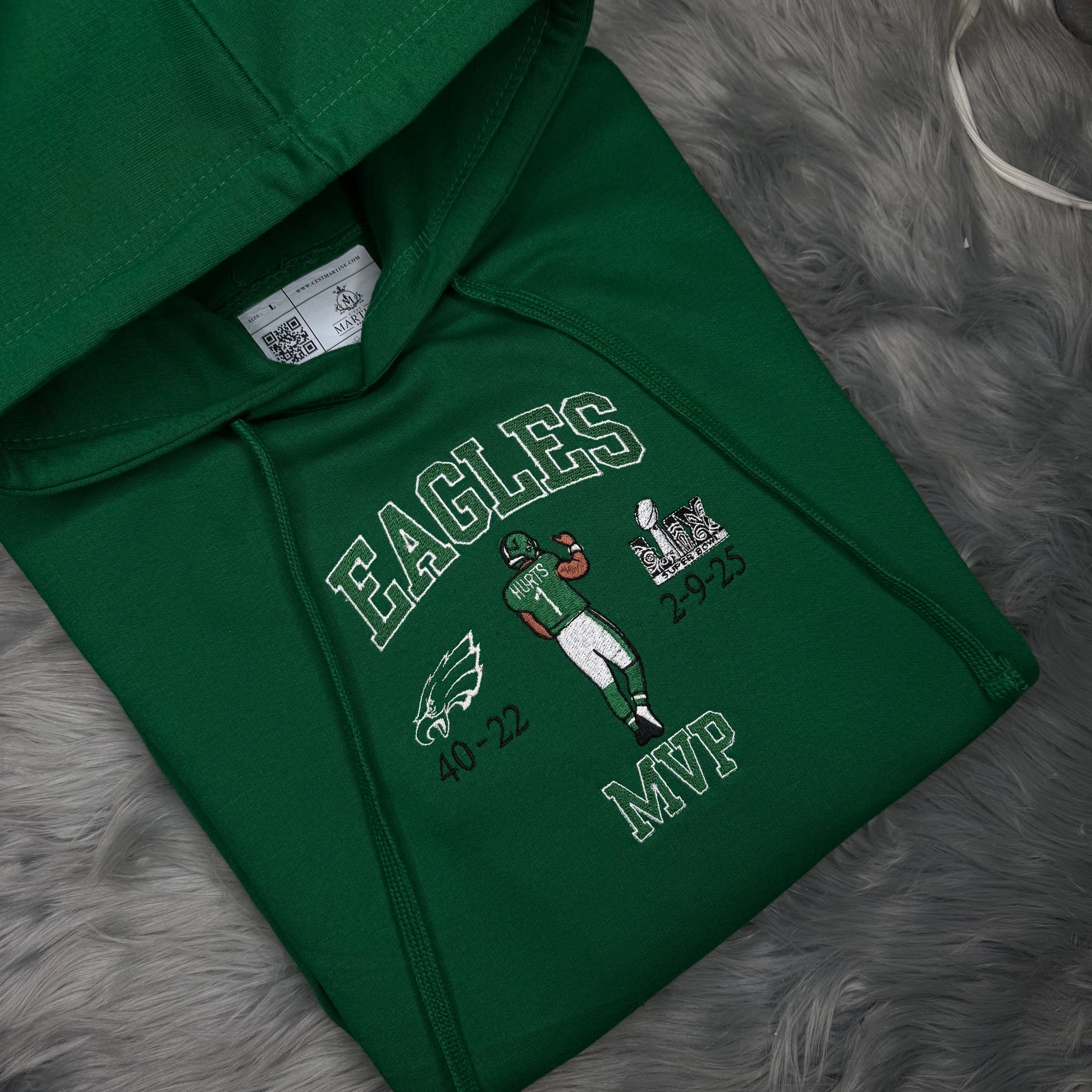 MVP Jalen Hurts Football Season  Kelly Green Philadelphia Eagles Embroidered Hood and Chest Hoodie