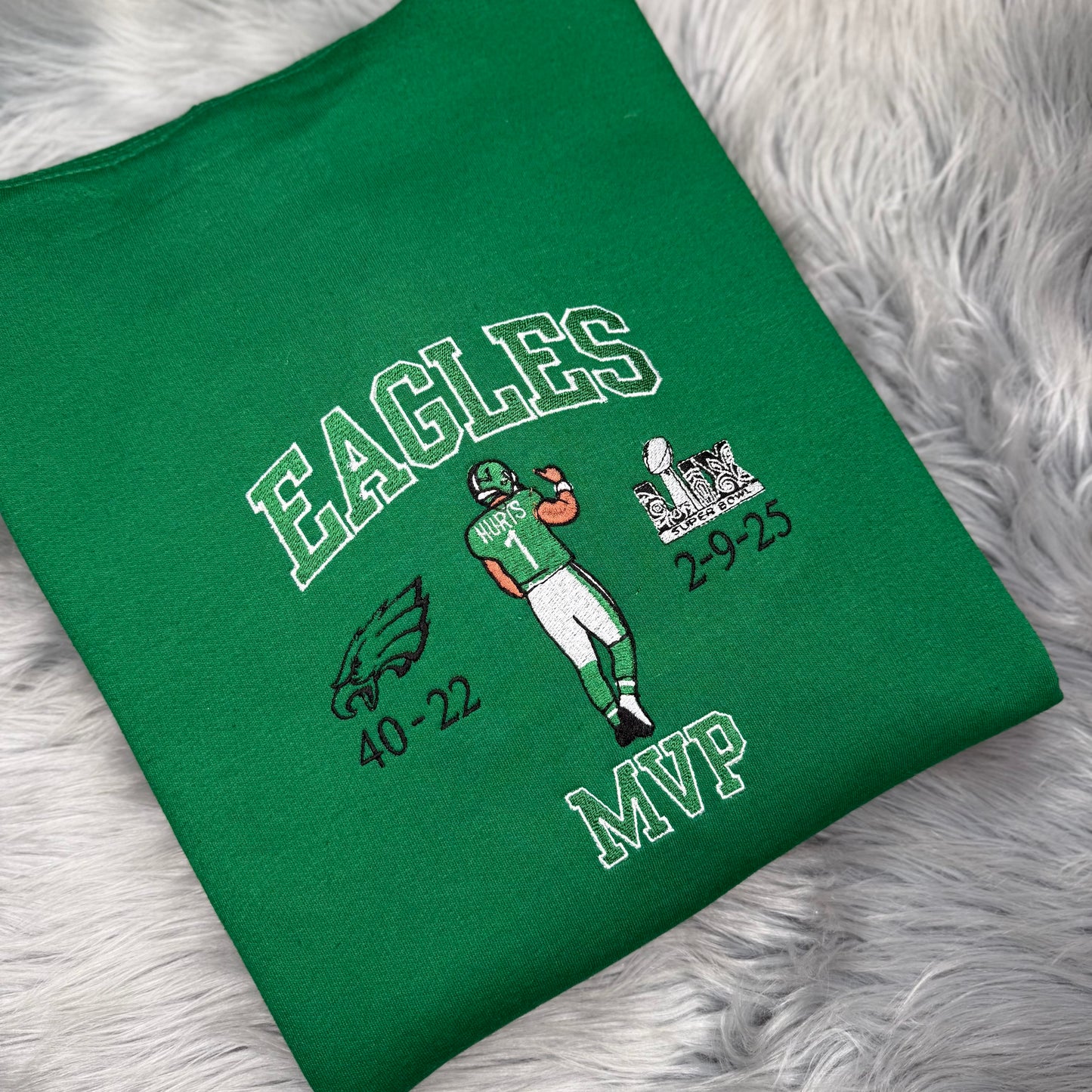 MVP Jalen Hurts Football Season  Kelly Green Philadelphia Eagles Embroidered Hood and Chest Hoodie