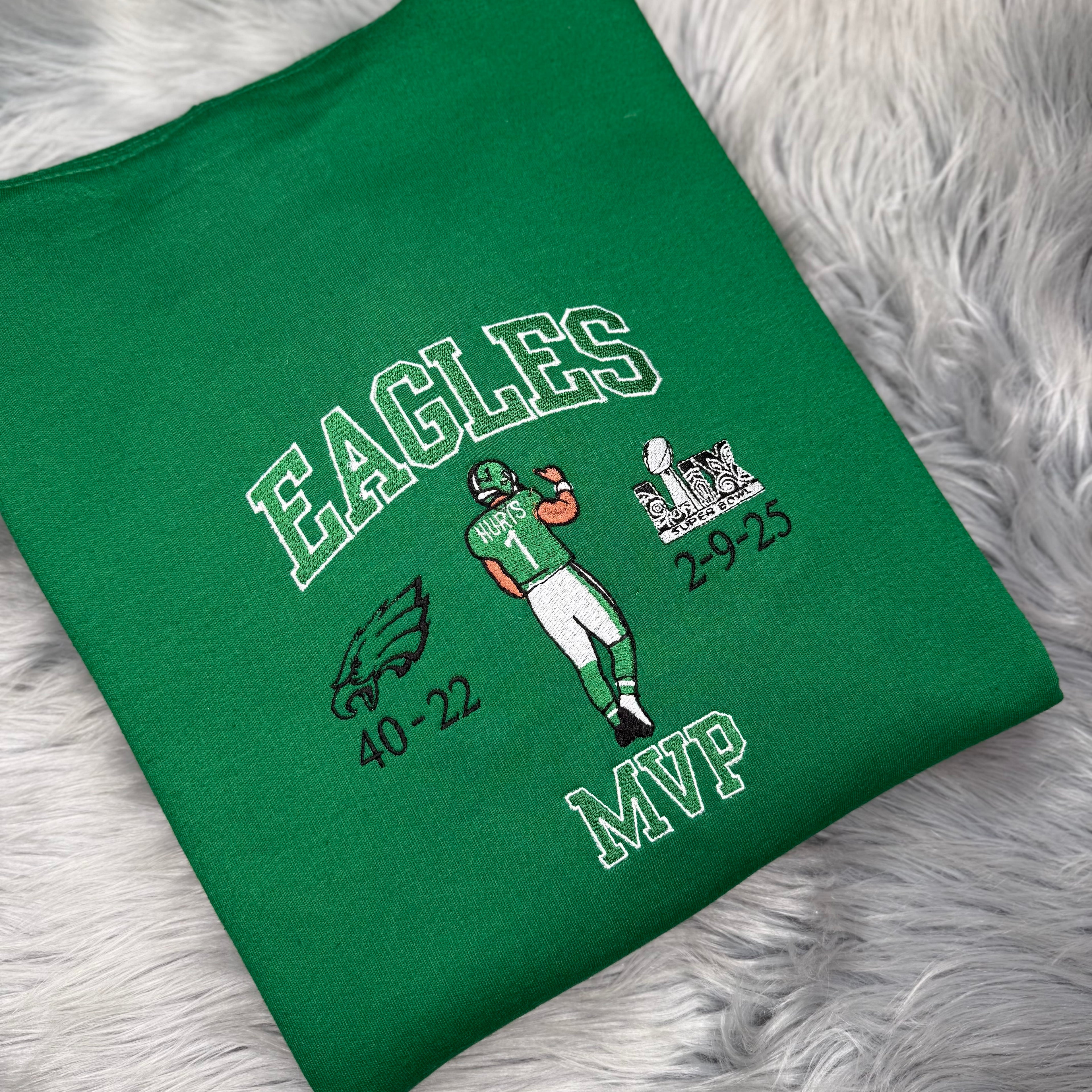 MVP Jalen Hurts Football Season  Kelly Green Philadelphia Eagles Embroidered Hood and Chest Hoodie