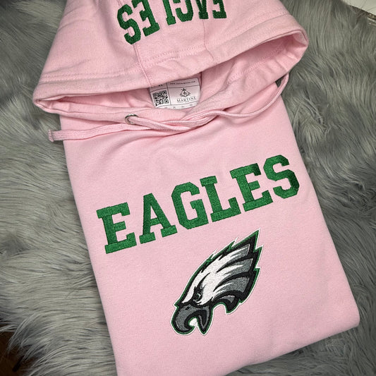 Pink Football Season Philadelphia Eagles Embroidered Hood and Chest Hoodie