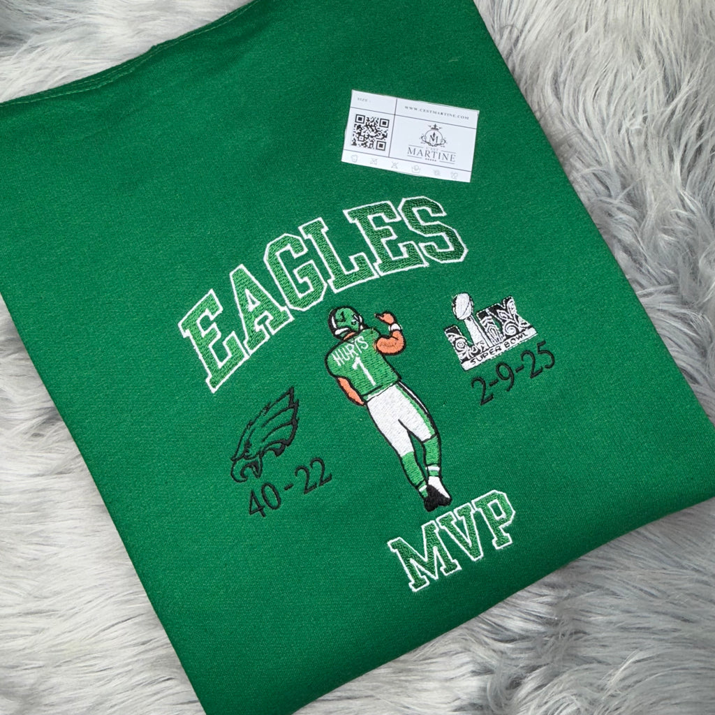 MVP Jalen Hurts Football Season  Kelly Green Philadelphia Eagles Embroidered Hood and Chest Hoodie