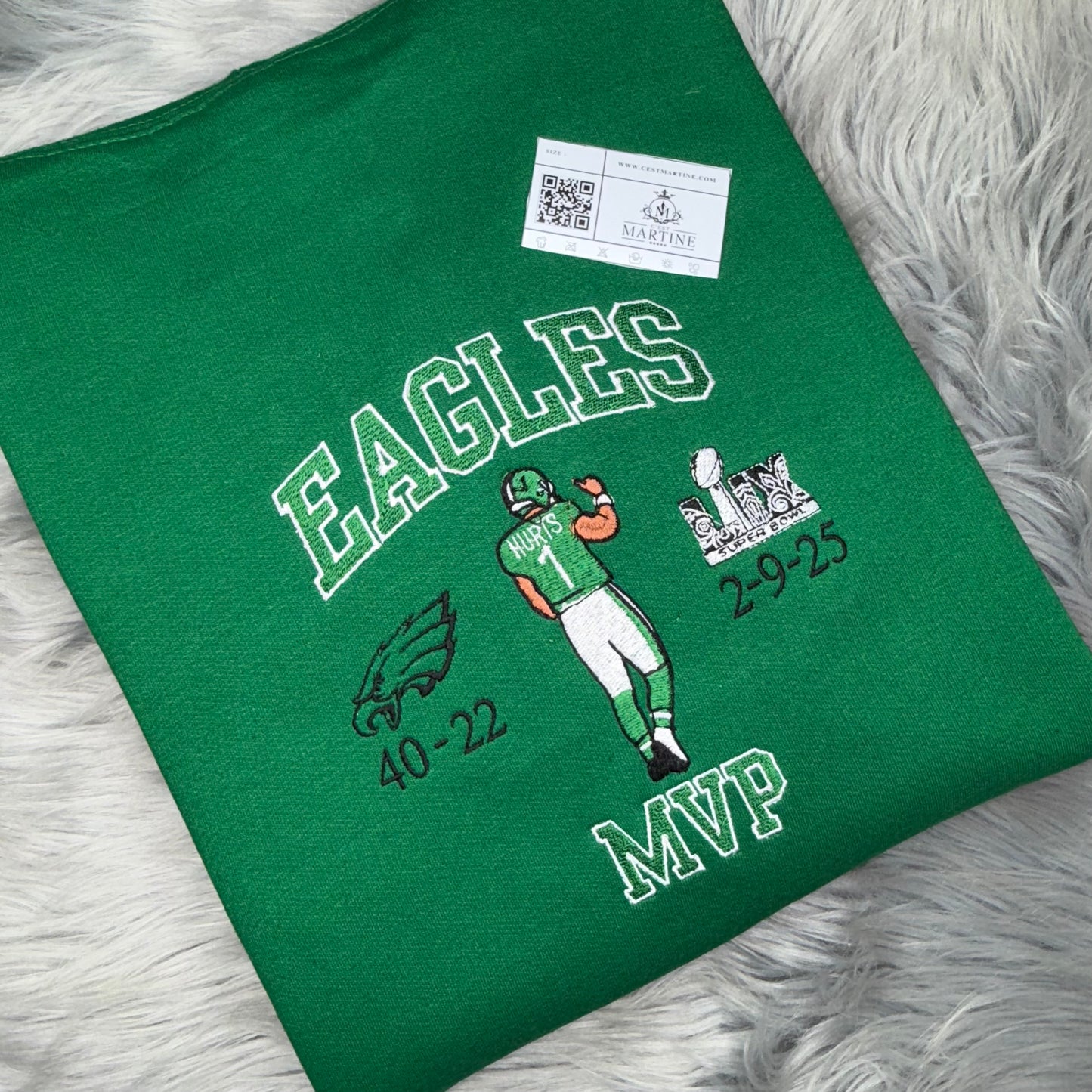 MVP Jalen Hurts Football Season  Kelly Green Philadelphia Eagles Embroidered Hood and Chest Hoodie