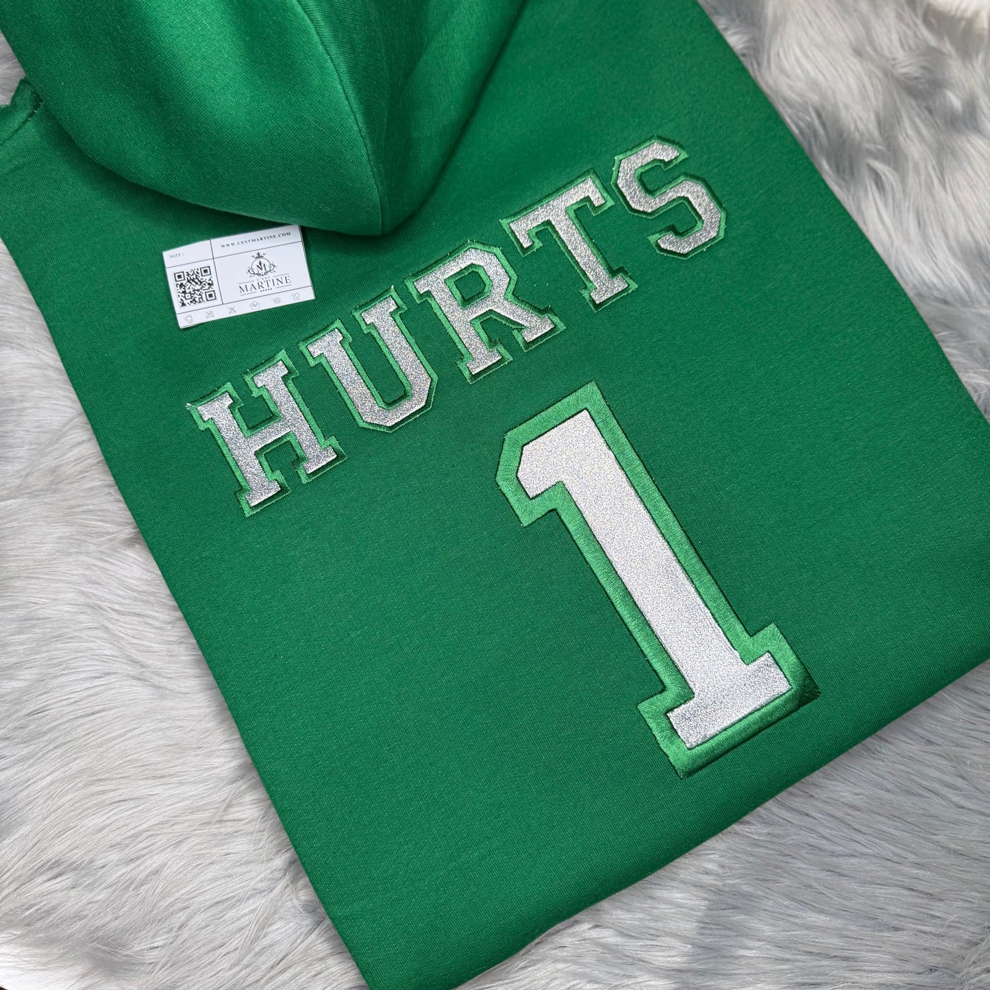 Hurts Bling Football Season  Kelly Green Philadelphia Eagles Embroidered Hood and Chest Hoodie