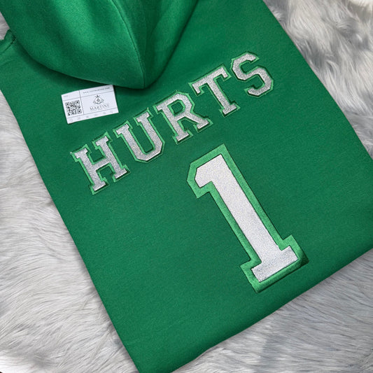 Hurts Bling Football Season  Kelly Green Philadelphia Eagles Embroidered Hood and Chest Hoodie
