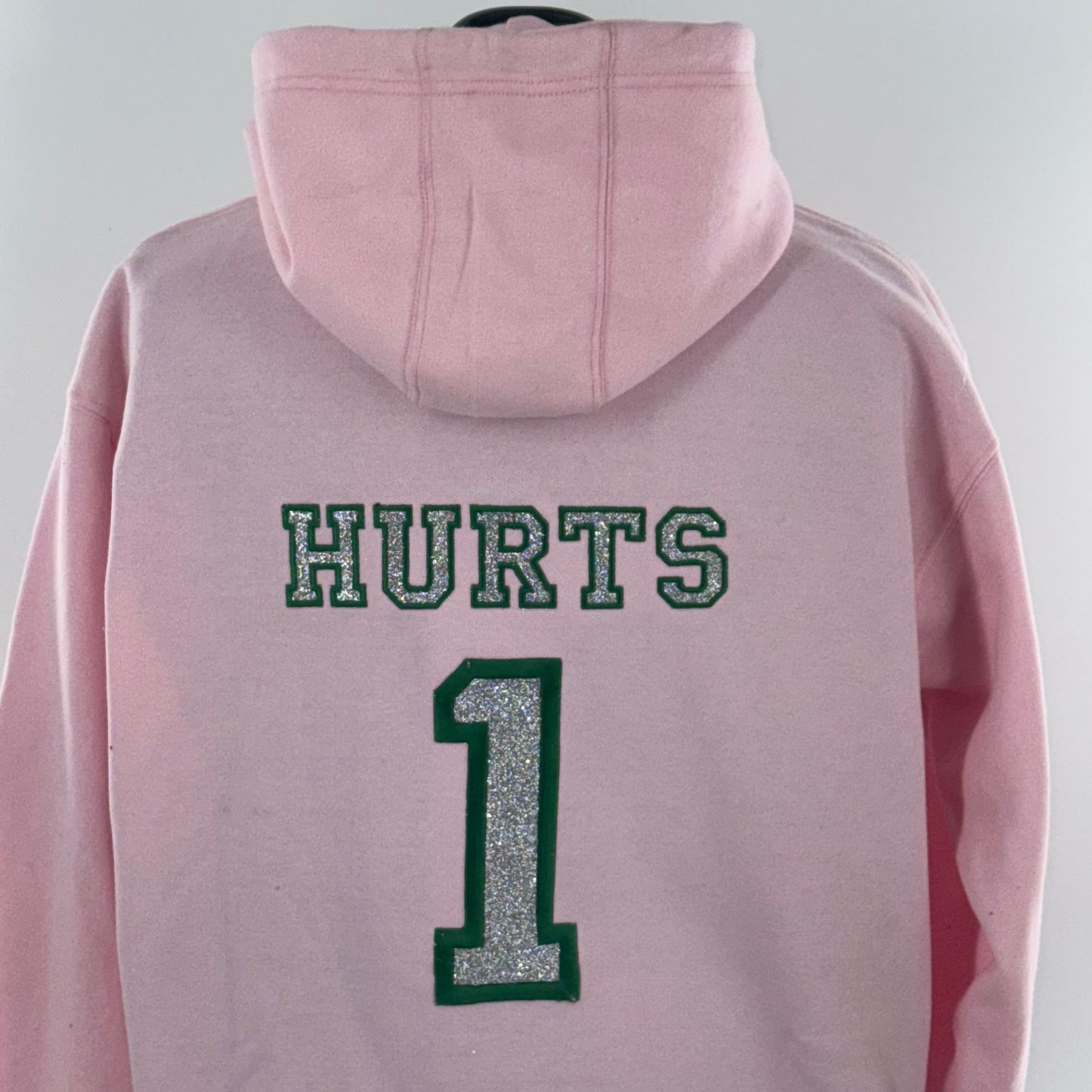 Hurts Bling Pink Football Season  Kelly Green Philadelphia Eagles Embroidered Hood and Chest Hoodie