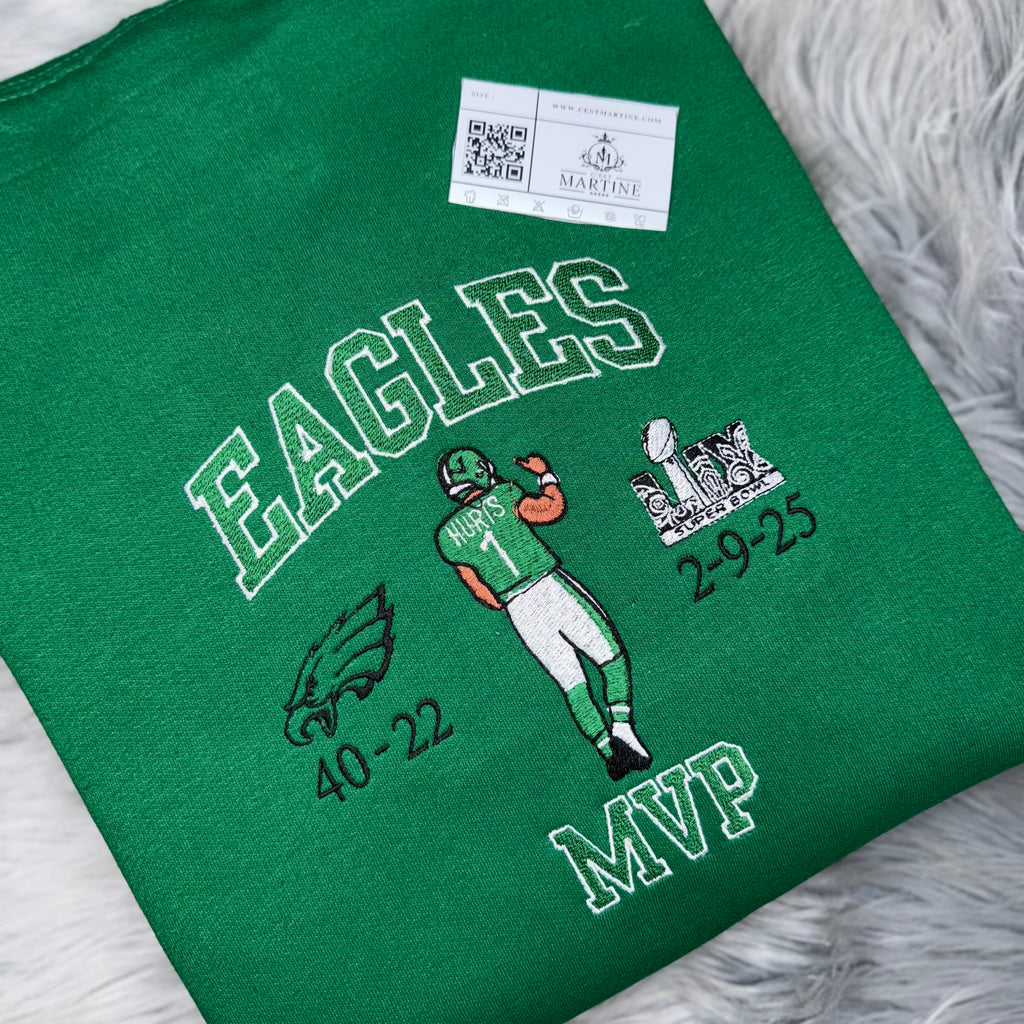 MVP Jalen Hurts Football Season  Kelly Green Philadelphia Eagles Embroidered Hood and Chest Hoodie