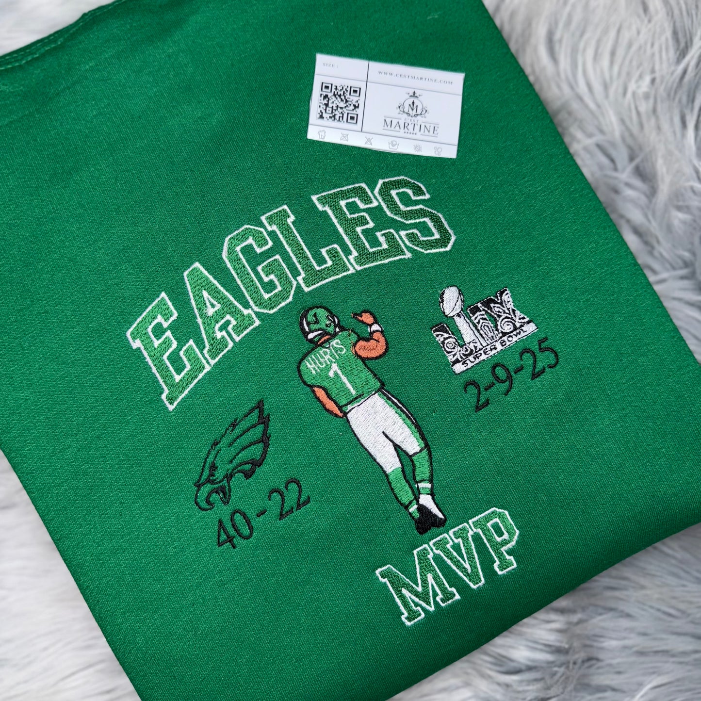 MVP Jalen Hurts Football Season  Kelly Green Philadelphia Eagles Embroidered Hood and Chest Hoodie
