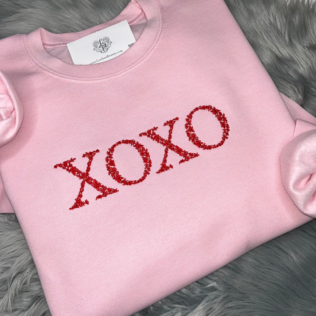 Valentine's Day XOXO Flowers Embroidered CrewNeck Sweatshirt