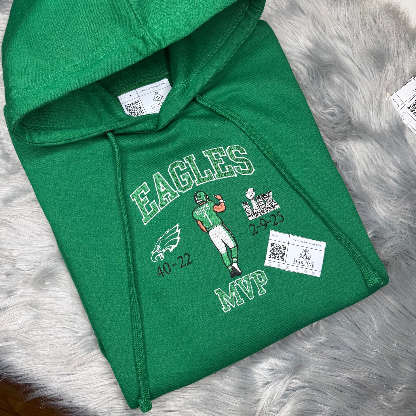 MVP Jalen Hurts Football Season  Kelly Green Philadelphia Eagles Embroidered Hood and Chest Hoodie