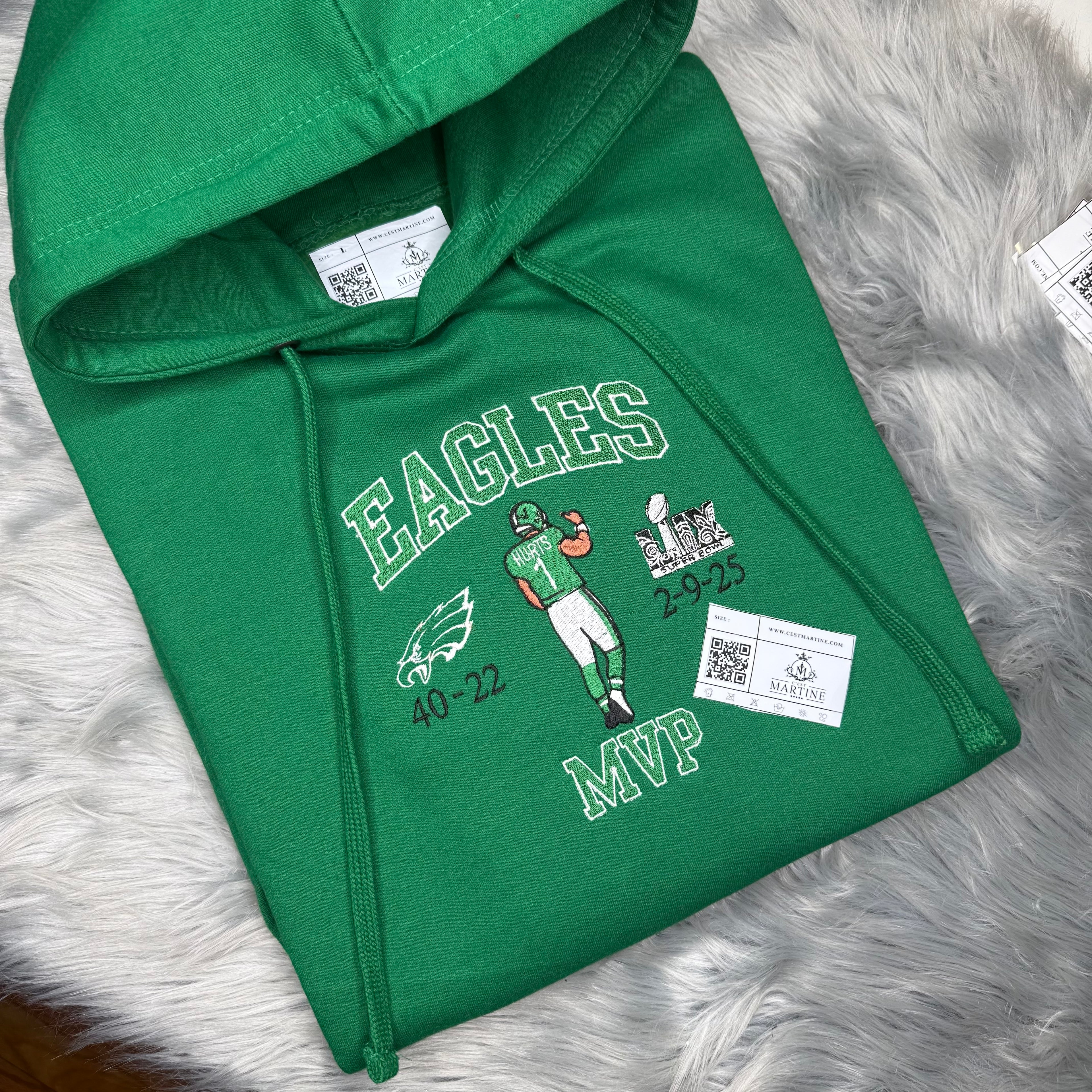 MVP Jalen Hurts Football Season  Kelly Green Philadelphia Eagles Embroidered Hood and Chest Hoodie