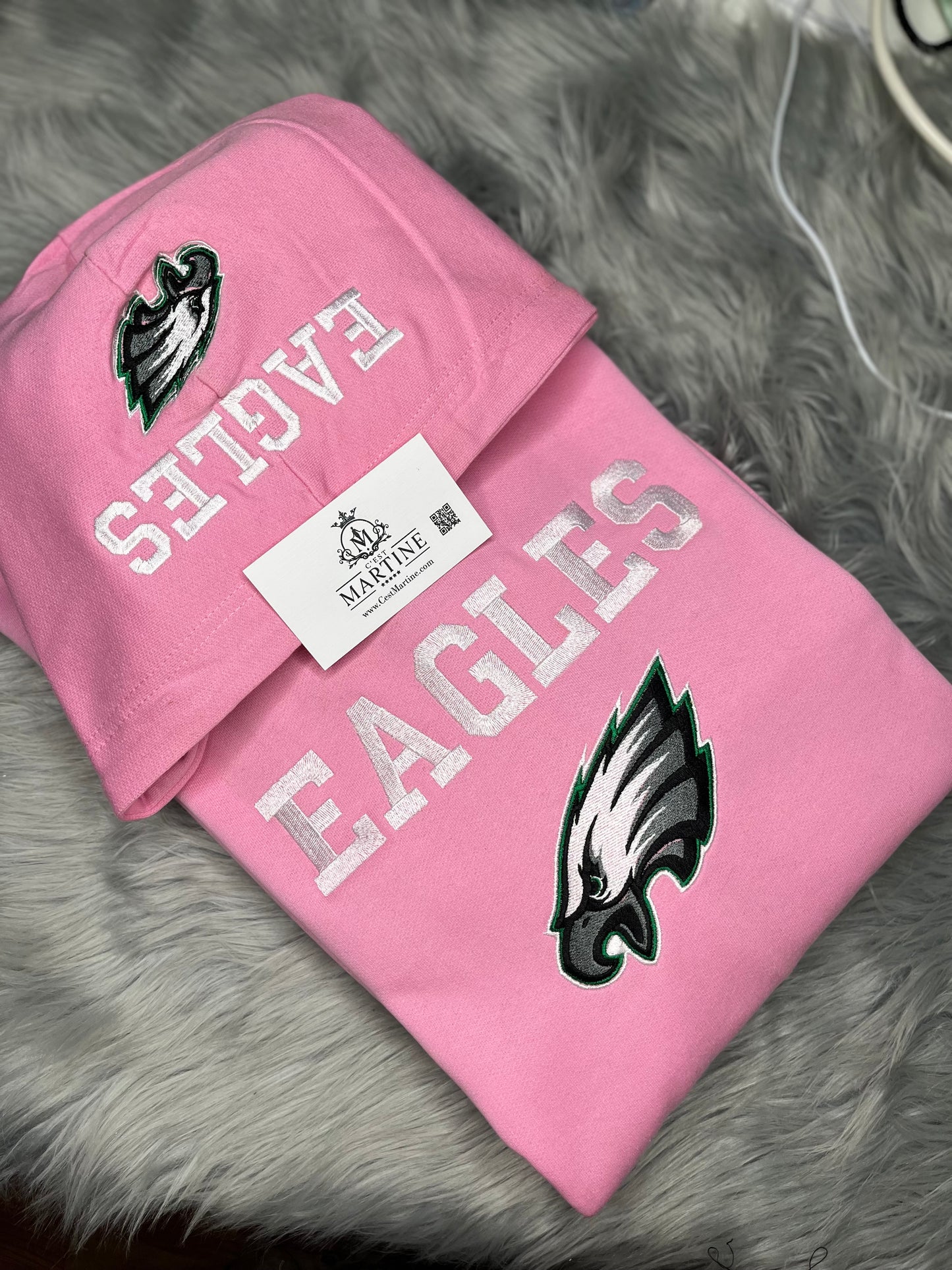Football Season  Pink Philadelphia Eagles Embroidered Hood and Chest Hoodie