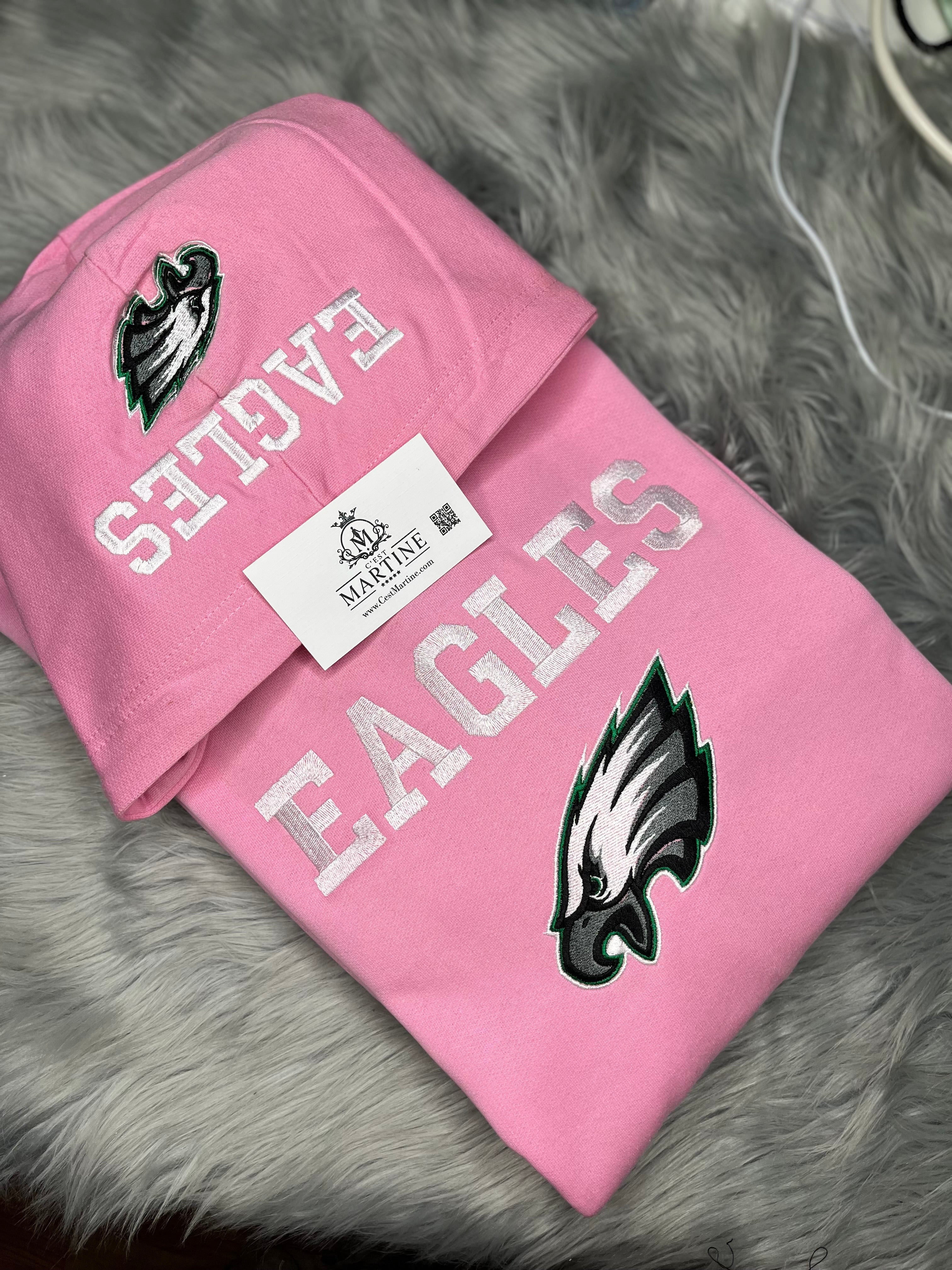 Football Season  Pink Philadelphia Eagles Embroidered Hood and Chest Hoodie